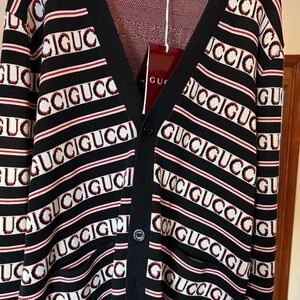 Men's Gucci logo , cotton jaquard ink blue , white red Cardigan. XXL